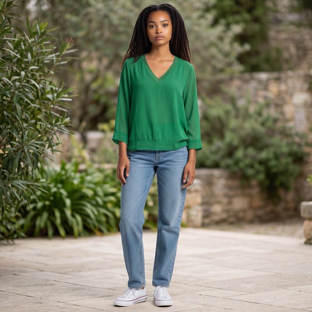 Zara Women's Blouse Green Sz M Colorful Career L/S Sheer City Casual Forestfairy